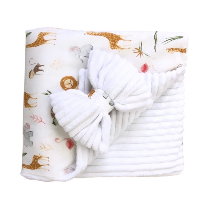 Плед зі зʼємним утепленням та бантом-резинкою Жирафіки /Білий плюш 90/80