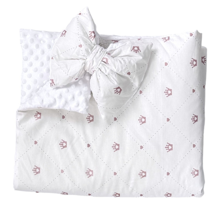 Плед зі зʼємним утепленням та бантом-резинкою Корони Рожевий (гліттер) / Білий плюш пупиришка 90/80