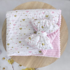 Плед зі з‘ємним утеплювачем та бантом-резинкою Сердечка Рожевий - Золото (гліттер) / Рожевий плюш 90/80