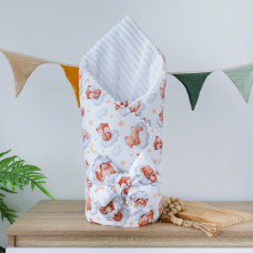 Плед зі з‘ємним утеплювачем та бантом-резинкою Лисички на хмаринці /Білий плюш 90/80