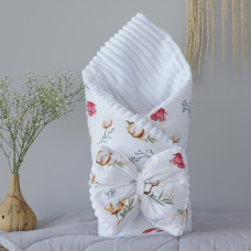 Плед зі з‘ємним утеплювачем та бантом-резинкою Квіти троянди /Білий плюш 90/80