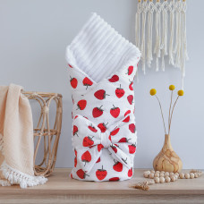 Плед зі з‘ємним утеплювачем та бантом-резинкою Полуниці / Білий плюш 90/80