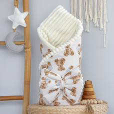 Плед зі з‘ємним утеплювачем та бантом-резинкою Ведмедики з хусточкою Бежевий/ Молочний плюш 90/80