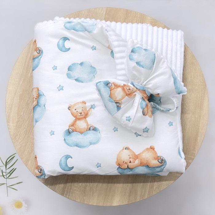 Плед зі з‘ємним утеплювачем та бантом-резинкою Ведмедик на хмаринці Бірюзовий /Білий плюш 90/80