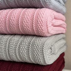 Плед в’язаний (100% cotton pampuk) з утеплювачем Рожевий Смужка 90/80