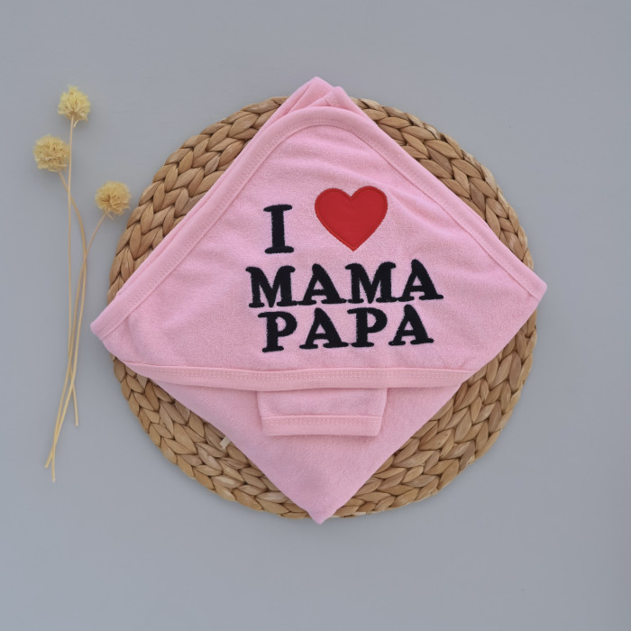 Дитячий рушник з кутиком махровий Мама Papa Рожевий 90/85