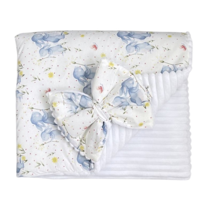 Плед зі зʼємним утеплювачем та бантом-резинкою Зайчики Блакитний /Білий плюш 90/80