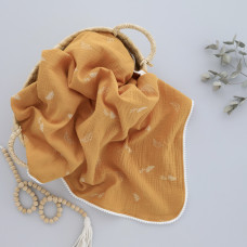 Мусліновий плед жатка 2 шари Листики на Помаранчевому 130/100