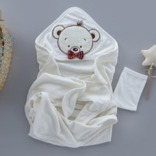 Дитячий рушник з кутиком махровий Ведмедик хлопчик Молочний 90/85