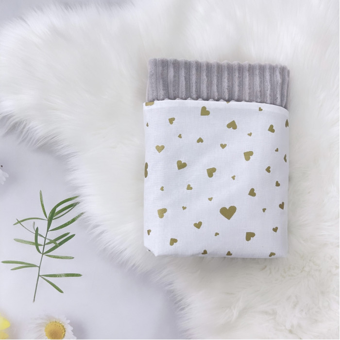 Плед плюш, без утеплення Сердечка Золотий (гліттер) / Сірий плюш 100/80