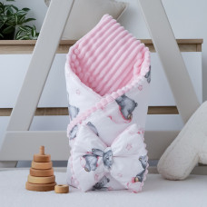 Плед зі з‘ємним утеплювачем та бантом-резинкою Ведмедик на Рожевій хмаринці/ Рожевий плюш 90/80