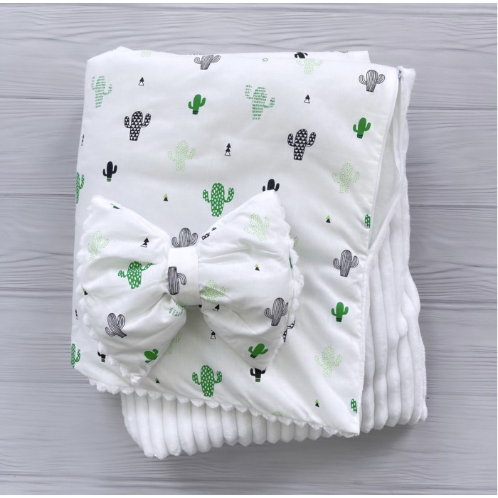 Плед зі з‘ємним утеплювачем та бантом-резинкою Кактуси / Білий плюш 90/80