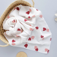 Муслінова пелюшка жатка 2 шари Сердечка рожеві на білому 90/65