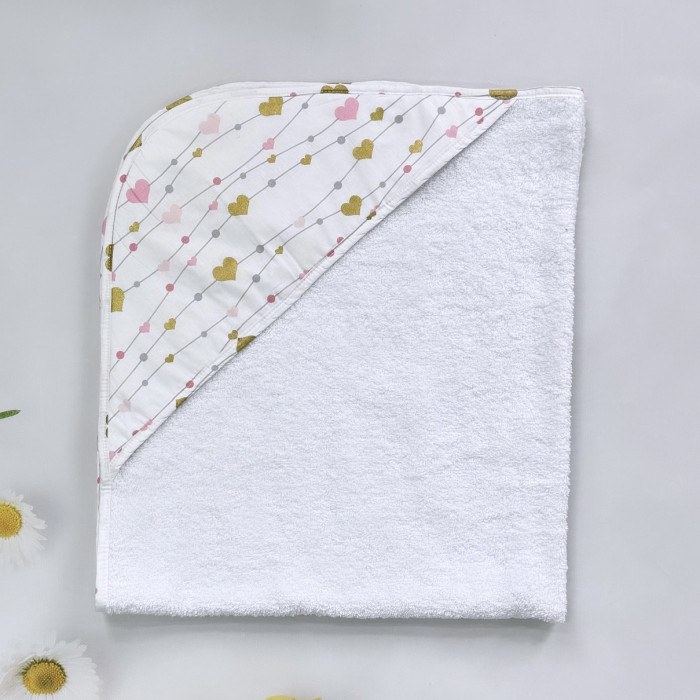 Дитячий рушник з кутиком махровий (100% котон) Сердечка Рожевий -Золото (гліттер) 90/80