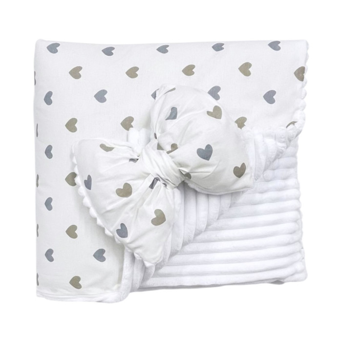 Плед зі з‘ємним утеплювачем та бантом-резинкою Сердечка Сірий/ Білий плюш 90/80