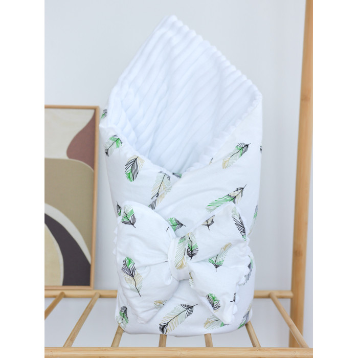 Плед зі з‘ємним утеплювачем та бантом-резинкою Пір‘їнки Зелені /Білий плюш 90/80