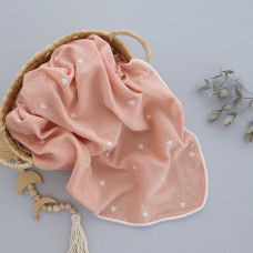 Мусліновий плед жатка 2 шари Сердечка Білі на Рожевому 130/100