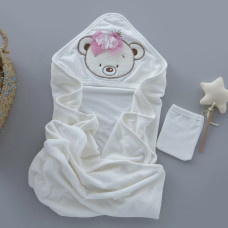 Дитячий рушник з кутиком махровий Ведмедик дівчинка Молочний 90/85