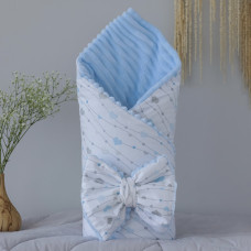 Плед зі зʼємним утепленням та бантом -резинкою Сердечка Блакитний -Сірий (гліттер) /Блакитний плюш 90/80