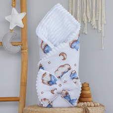 Плед зі з‘ємним утеплювачем та бантом-резинкою Ведмедик на хмаринці Блакитний/ Білий плюш 90/80