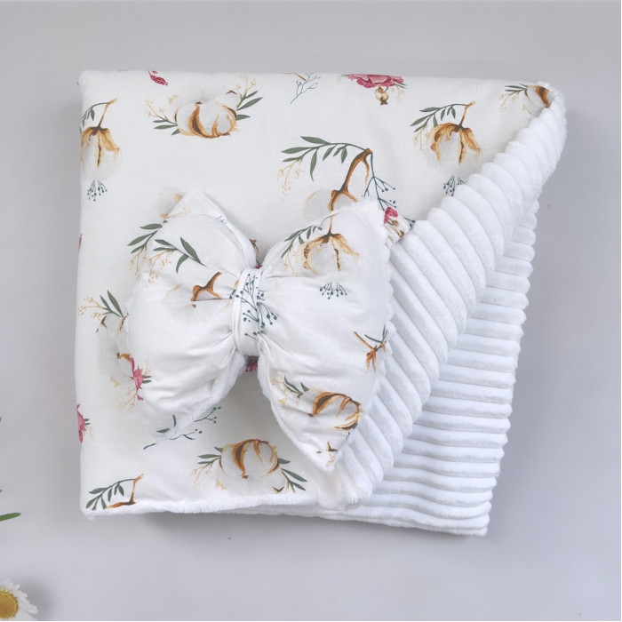 Плед зі з‘ємним утеплювачем та бантом-резинкою Квіти троянди /Білий плюш 90/80