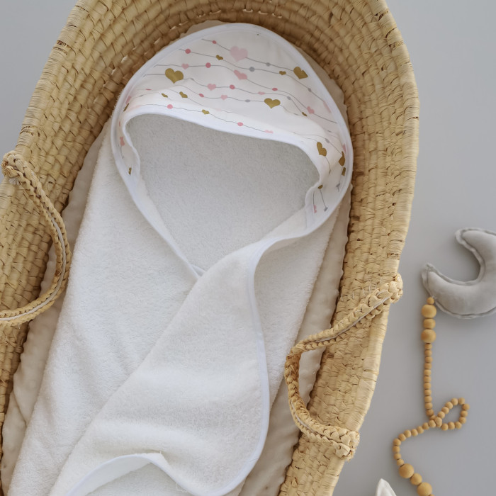 Дитячий рушник з кутиком махровий (100% котон) Сердечка Рожевий -Золото (гліттер) 90/80