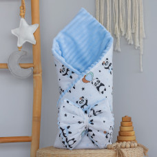 Плед зі з‘ємним утеплювачем та бантом-резинкою Панди Блакитний / Блакитний плюш 90/80