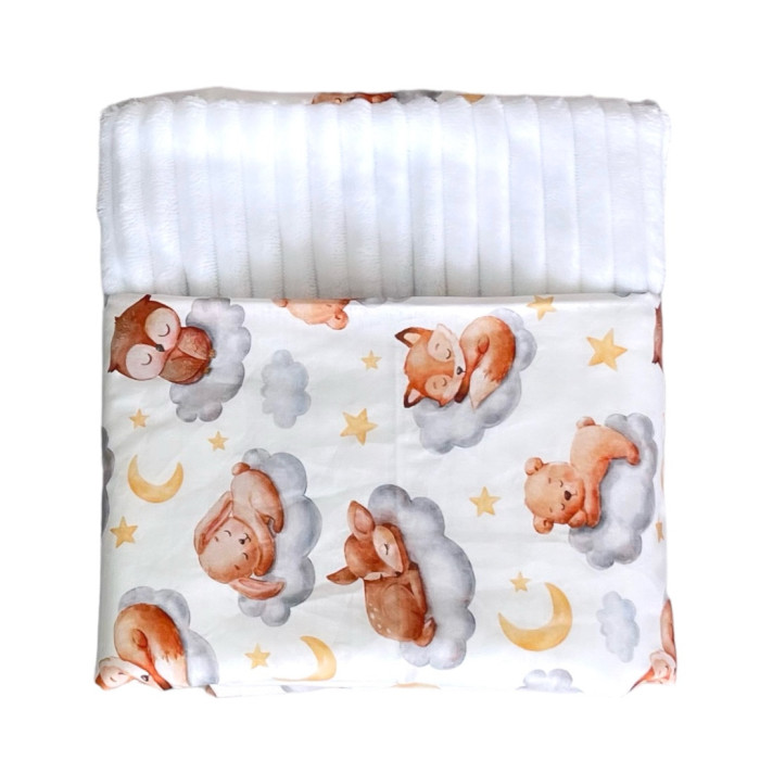 Плед плюш, без утеплення Лисички на хмаринці /Білий плюш 100/80