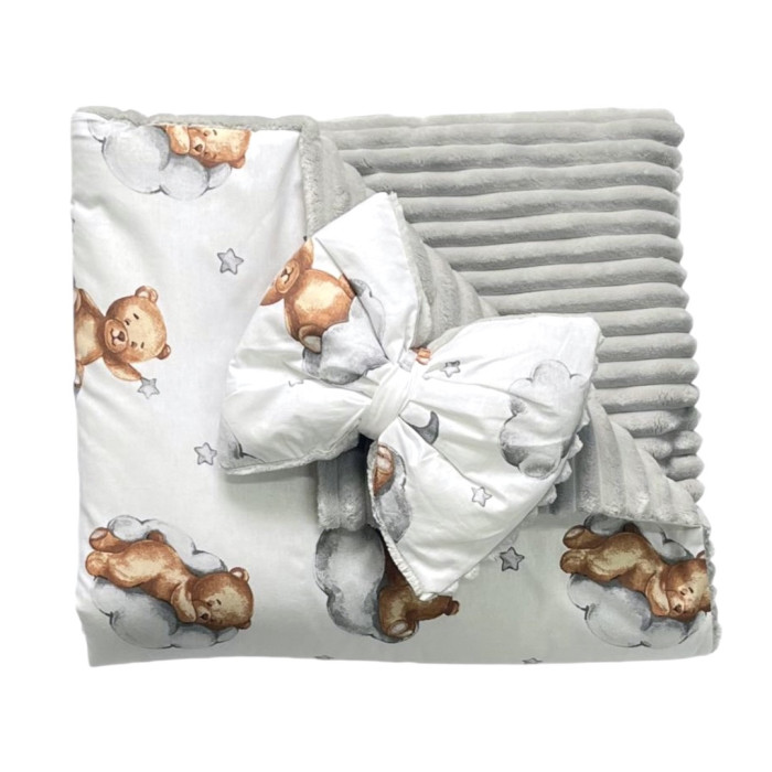 Плед зі з‘ємним утеплювачем та бантом-резинкою Ведмедик Коричневий на хмаринці/ Сірий плюш 90/80