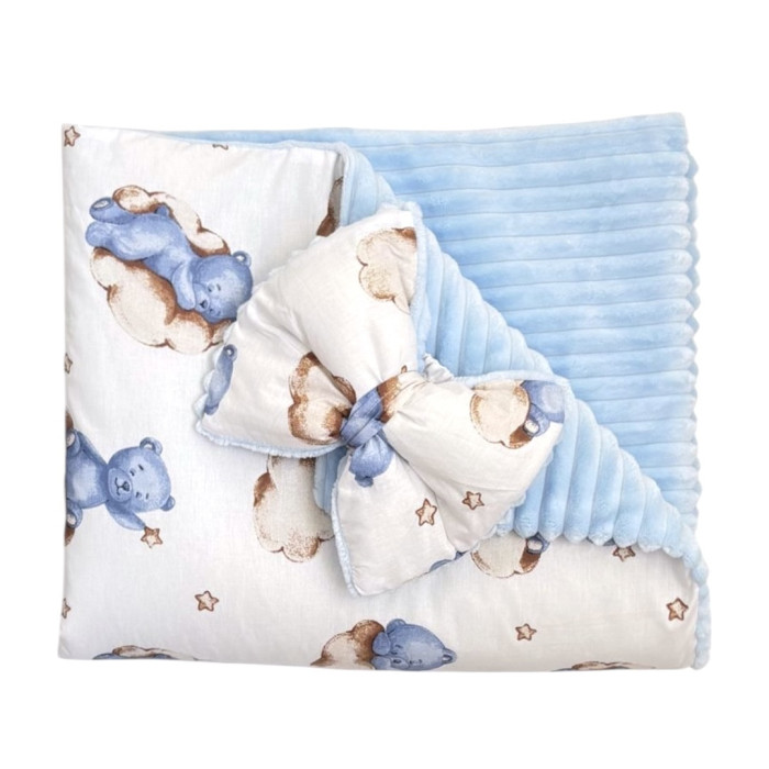 Плед зі з‘ємним утеплювачем та бантом-резинкою Ведмедик на хмаринці Блакитний/ Блакитний плюш 90/80