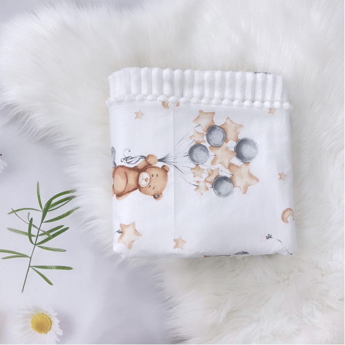 Плед плюш, без утеплення Ведмедик з кульками / Білий плюш 100/80