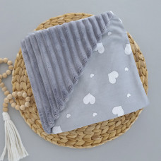 Плед плюш, без утеплення Сердечка білі на сірому /Сірий плюш 100/80