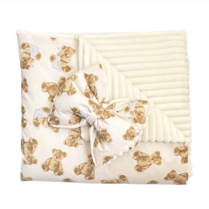 Плед зі з‘ємним утеплювачем та бантом-резинкою Ведмедики з хусточкою Бежевий/ Молочний плюш 90/80