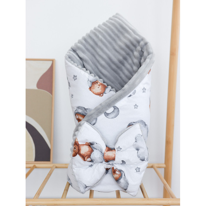 Плед зі з‘ємним утеплювачем та бантом-резинкою Ведмедик Коричневий на хмаринці/ Сірий плюш 90/80