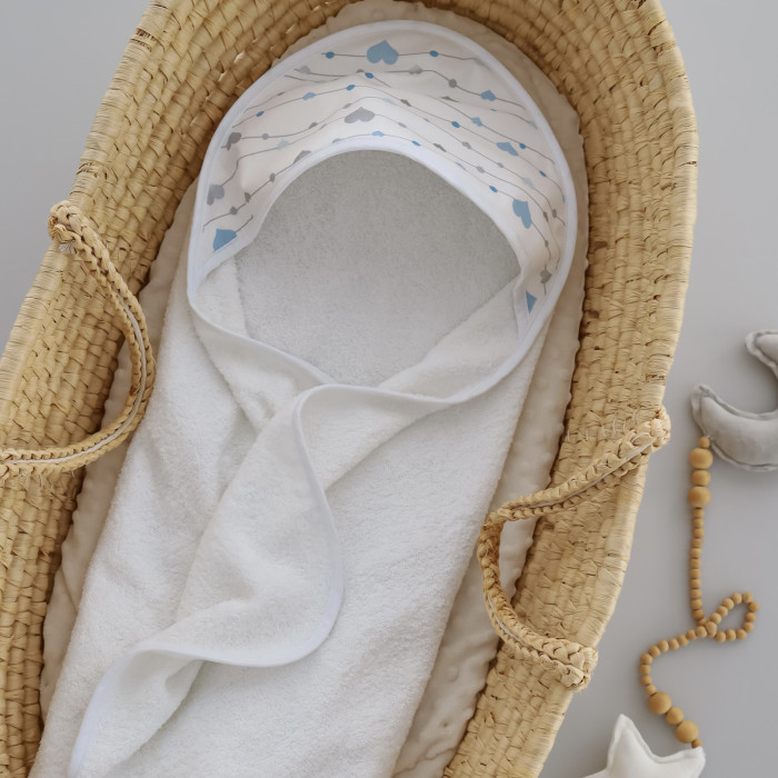 Дитячий рушник з кутиком махровий (100% котон) Сердечка Блакитний -Срібний (гліттер) 90/80