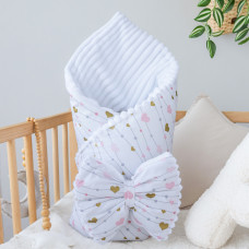 Плед зі з‘ємним утеплювачем та бантом-резинкою Сердечка Рожевий - Золото (гліттер) / Білий плюш 90/80