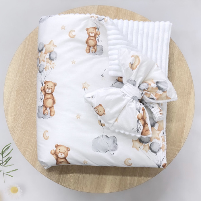 Плед зі зʼємним утепленням та бантом-резинкою Ведмедик з кульками /Білий плюш 90/80