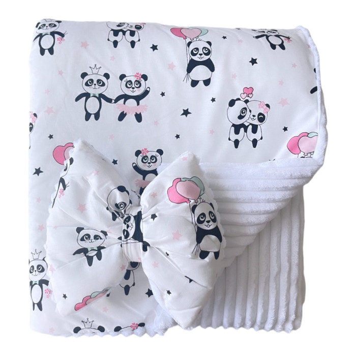 Плед зі з‘ємним утеплювачем та бантом-резинкою Панди Рожевий / Білий плюш 90/80