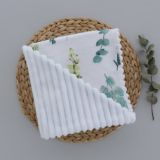 Плед плюш, без утеплення Листики Зелений/ Білий плюш 100/80