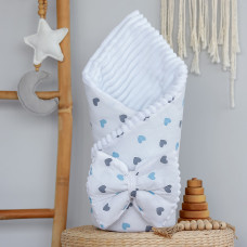 Плед зі з‘ємним утеплювачем та бантом-резинкою Сердечка Блакитний / Білий плюш 90/80