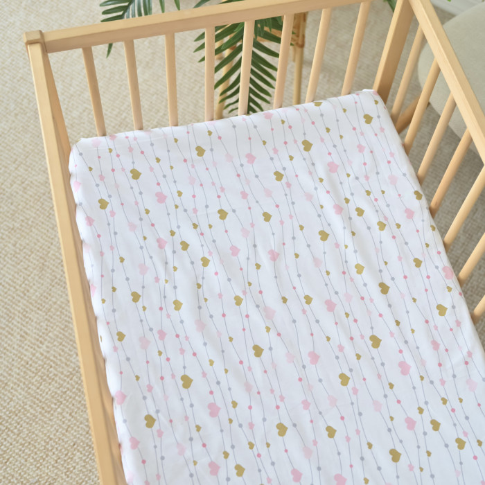 Простинка на гумці в ліжко Сердечка Рожевий -Золото (гліттер) 120/60