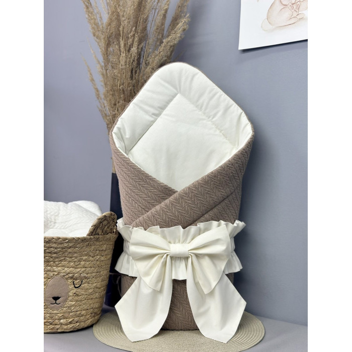 Конверт 80/80 з бантом-гумкою та кокосовою вкладкою Коричневий -Молочний / Весна