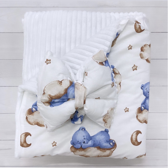 Плед зі з‘ємним утеплювачем та бантом-резинкою Ведмедик на хмаринці Блакитний/ Білий плюш 90/80