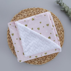 Плед плюш, без утеплення Сердечка Рожевий (гліттер) / Білий плюш косичка 100/80