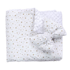 Плед зі зʼємним утепленням та бантом -резинкою Зірки золотий (гліттер) /Білий плюш пупиришка 90/80