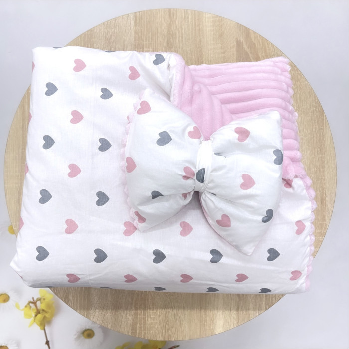 Плед зі з‘ємним утеплювачем та бантом-резинкою Сердечка Рожевий /Рожевий плюш 90/80