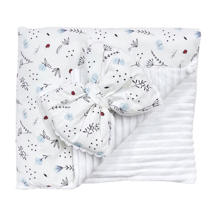 Плед зі з‘ємним утеплювачем та бантом-резинкою Квіточки Блакитний / Білий плюш 90/80