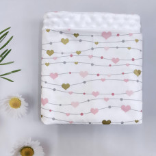 Плед плюш, без утеплення Сердечка Рожевий -Золото (гліттер) /Білий плюш пупиришка 100/80