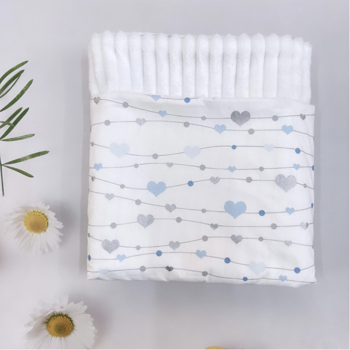 Плед плюш, без утеплення Сердечка Блакитний - Сірий (гліттер) /Білий плюш 100/80