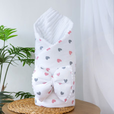 Плед зі з‘ємним утеплювачем та бантом-резинкою Сердечка Рожевий / Білий плюш 90/80